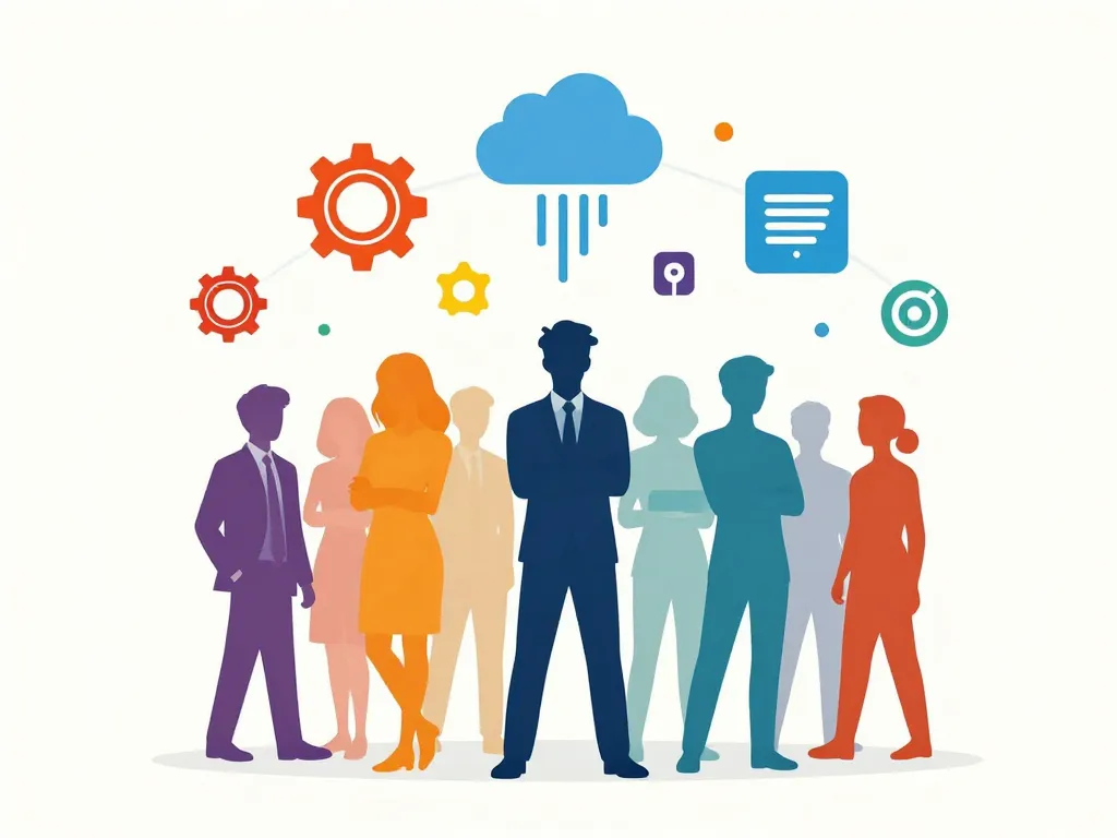 Illustration équipe et outils support digital alignés