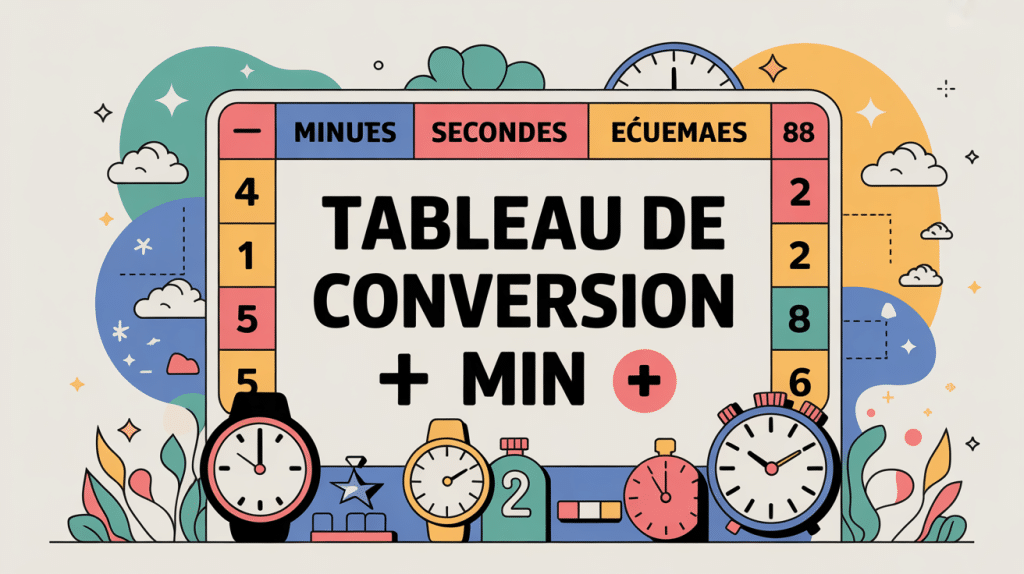 tableau de conversion min, illustration centrale avec horloges et symboles