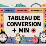 tableau de conversion min, illustration centrale avec horloges et symboles