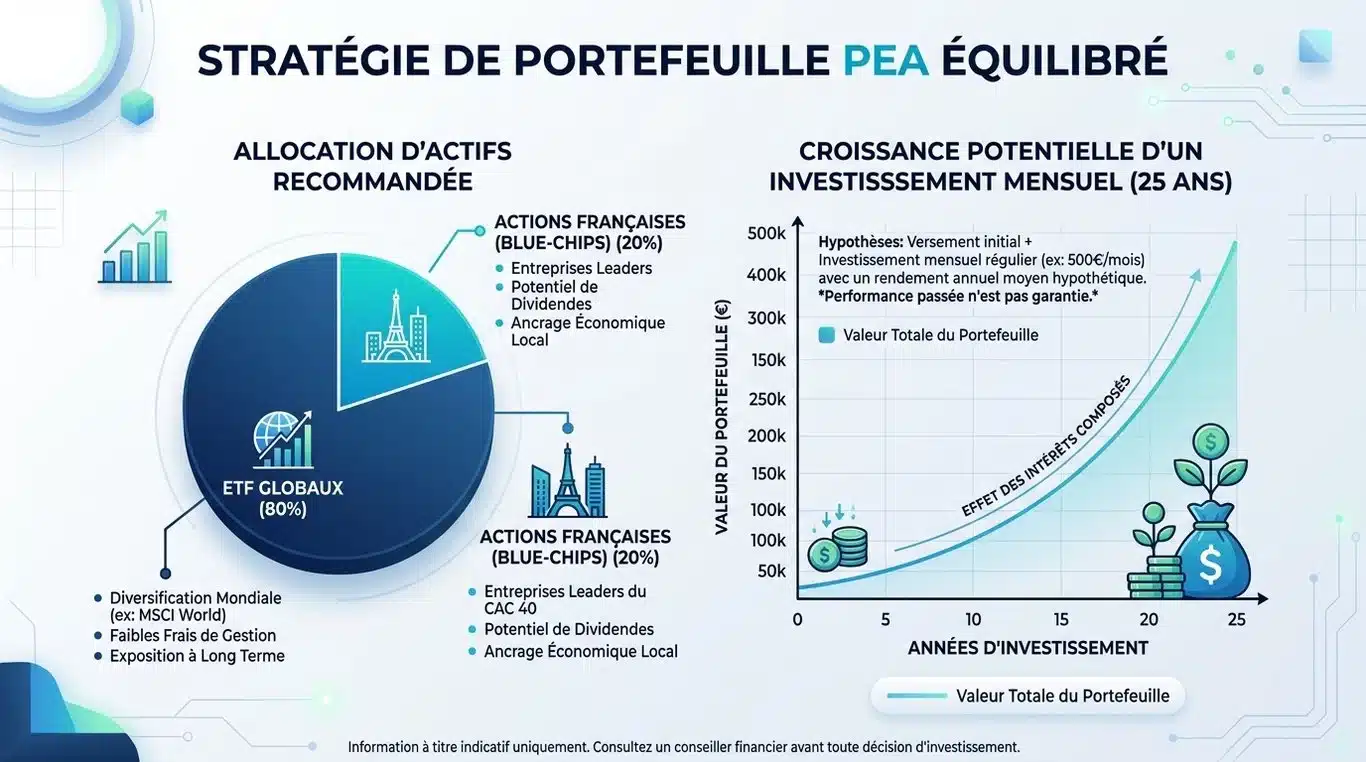 Infographie illustrant la répartition d'un portefeuille PEA équilibré et la projection de croissance sur 25 ans