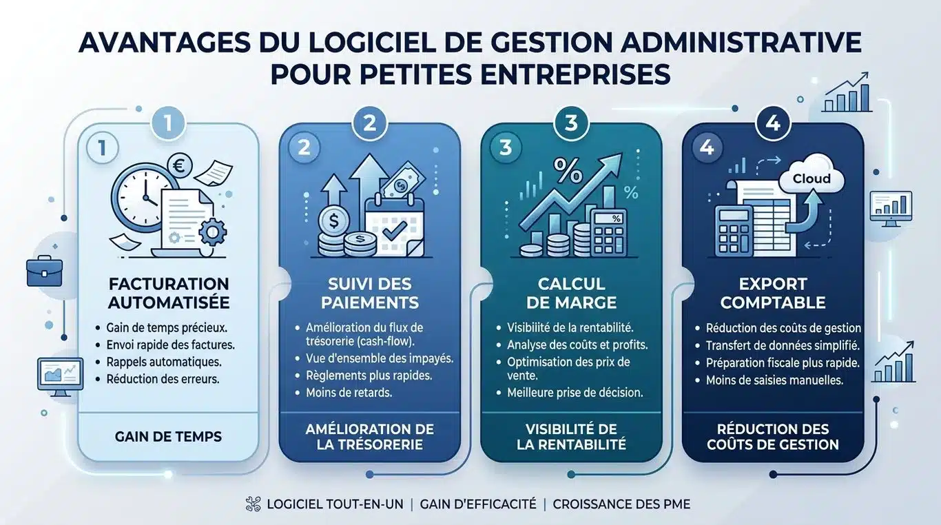 Infographie des bénéfices d'un logiciel de gestion administrative pour auto-entrepreneurs et TPE