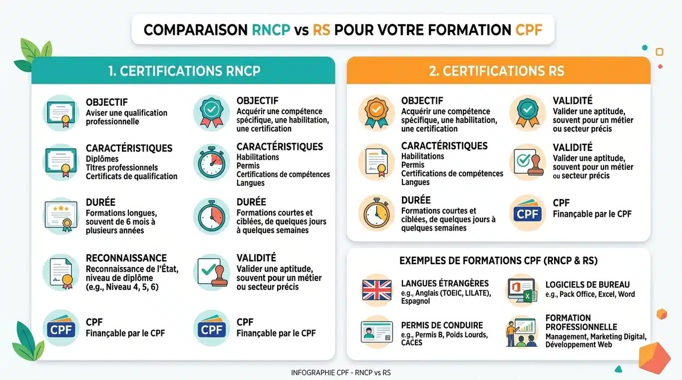 Infographie comparative des certifications RNCP et RS pour le CPF