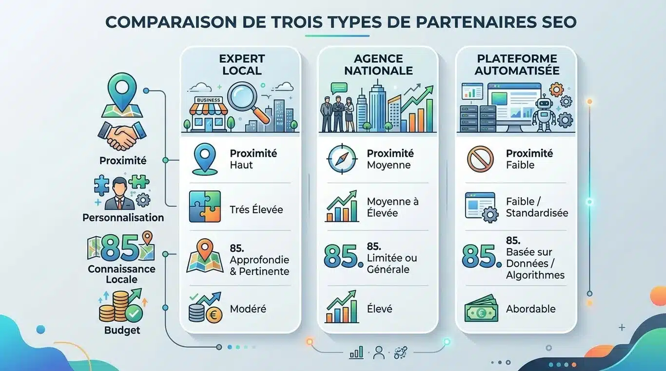 Infographie comparative des solutions SEO : Expert local vs Agence nationale vs Plateforme automatisée