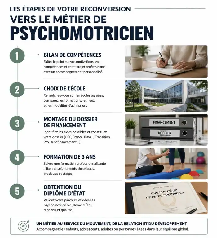 Infographie des étapes de la reconversion pour devenir psychomotricien