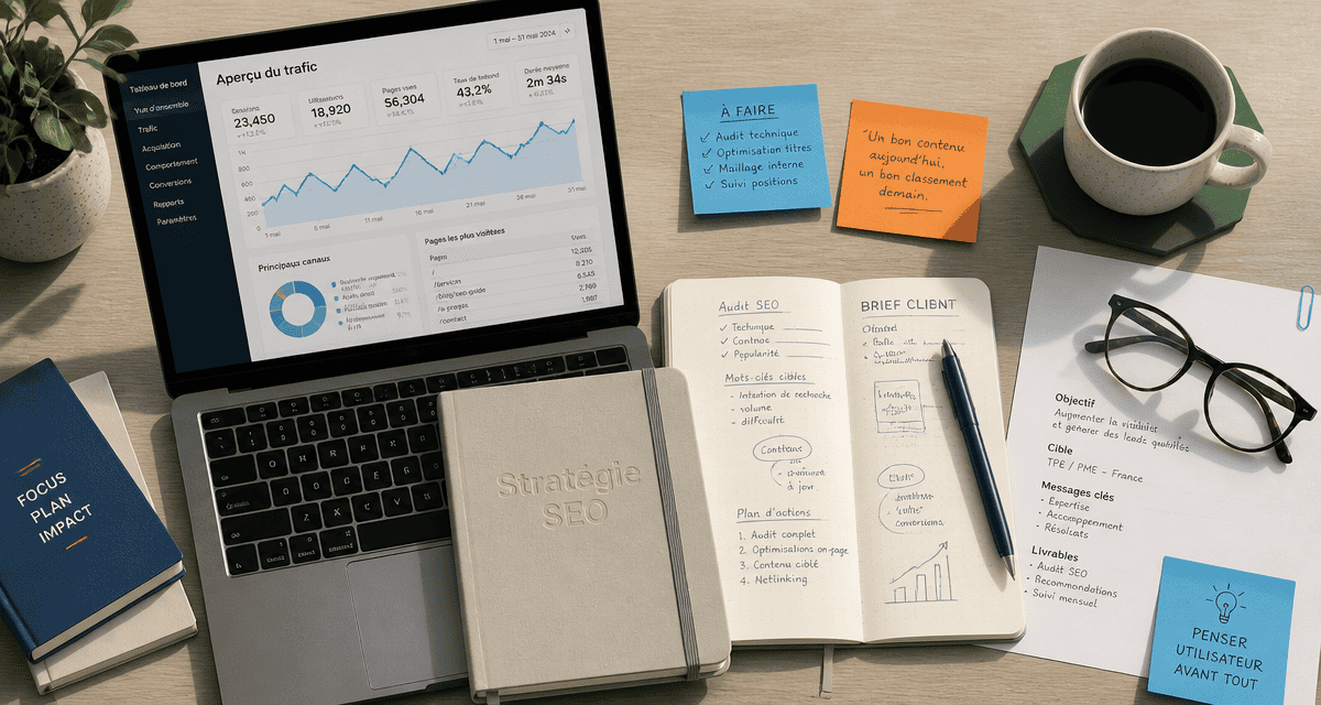 bureau rédacteur web seo freelance avec ordinateur graphique