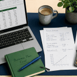 business plan excel sur bureau avec ordinateur et calculs