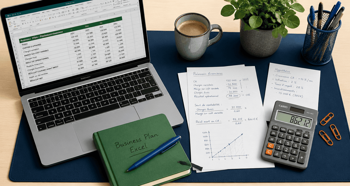 business plan excel sur bureau avec ordinateur et calculs