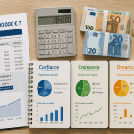Combien rapporte 200 000 euros placés par mois, bureau avec calculs et billets