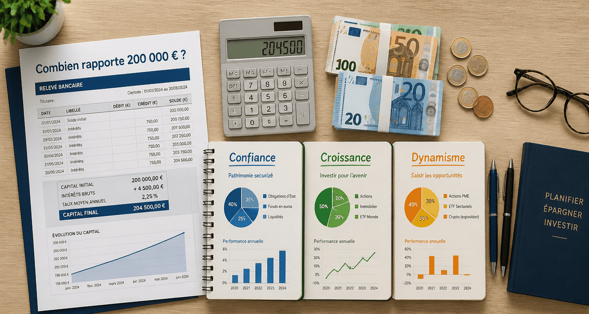 Combien rapporte 200 000 euros placés par mois, bureau avec calculs et billets