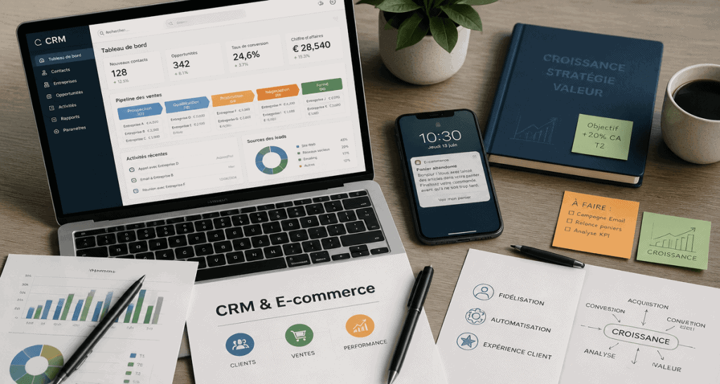 crm and e commerce sur bureau moderne avec laptop et smartphone