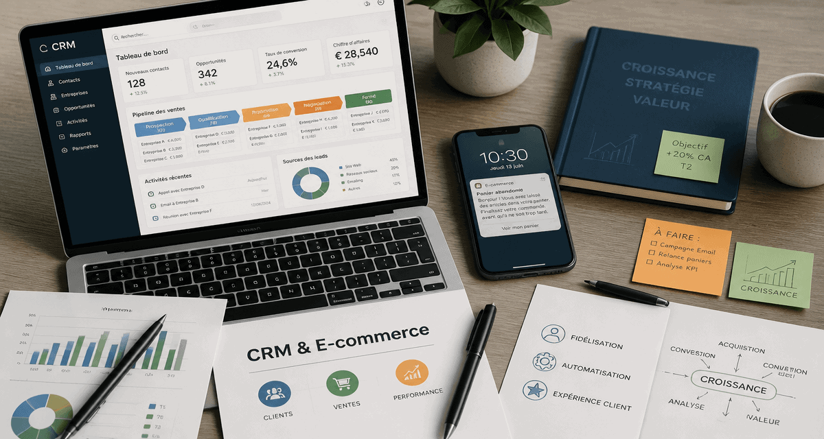 crm and e commerce sur bureau moderne avec laptop et smartphone