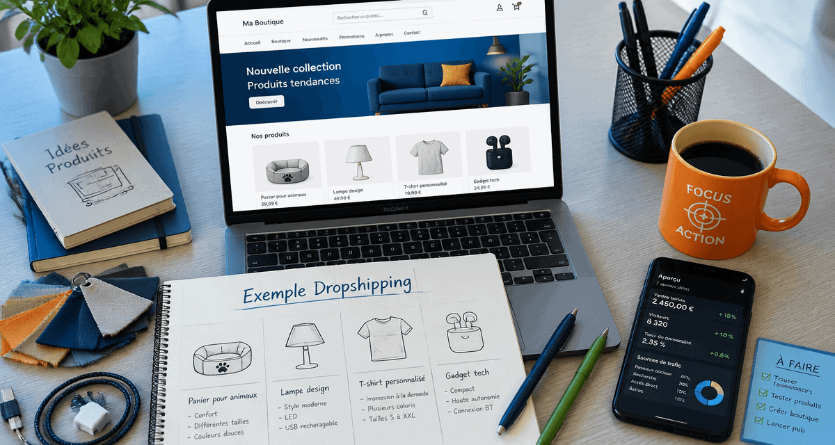 Dropshipping exemple, bureau entrepreneur avec produits