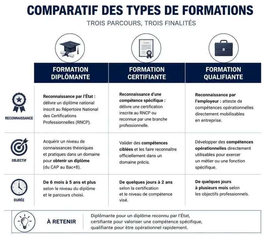 Infographie comparative des types de formations professionnelles : diplômante, certifiante et qualifiante