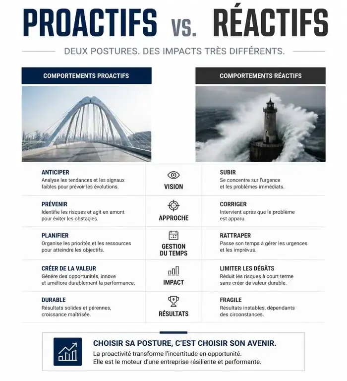 Infographie comparative : posture proactive vs réactive au travail