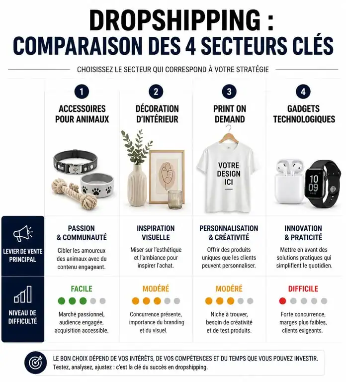 Infographie comparative des secteurs porteurs en dropshipping pour réussir son projet e-commerce
