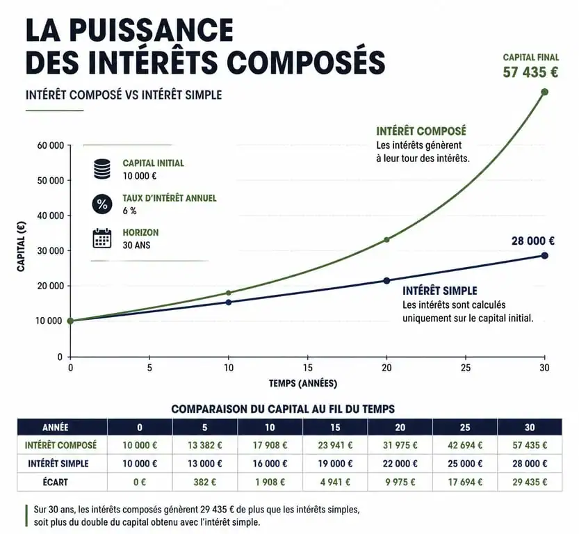 Graphique comparatif de la croissance d'un capital avec intérêts composés vs intérêts simples