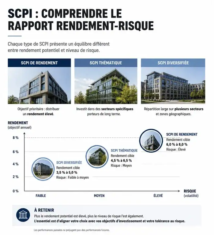 Infographie comparative des rendements et risques des SCPI pour un avis éclairé sur l'investissement pierre-papier