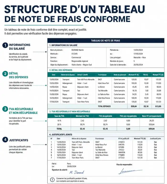 Structure d'un tableau de note de frais conforme