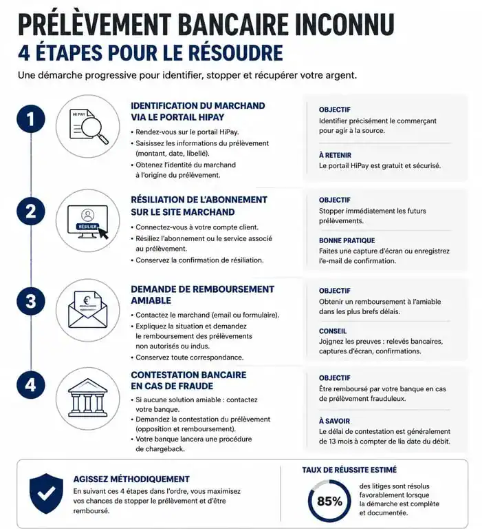 Infographie des étapes pour contester et résoudre un prélèvement HPY sur relevé bancaire