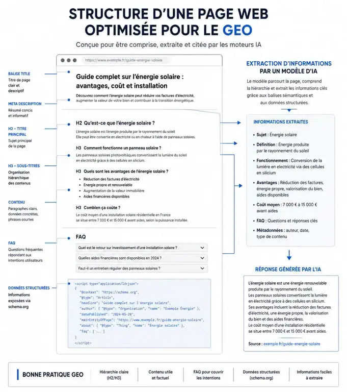 Schéma de structure d'une page web optimisée pour le référencement ChatGPT et le GEO
