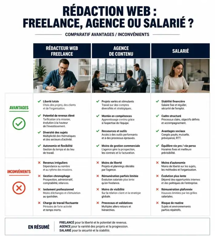 Comparatif rédacteur web SEO freelance, agence de contenu et salarié pour choisir son prestataire