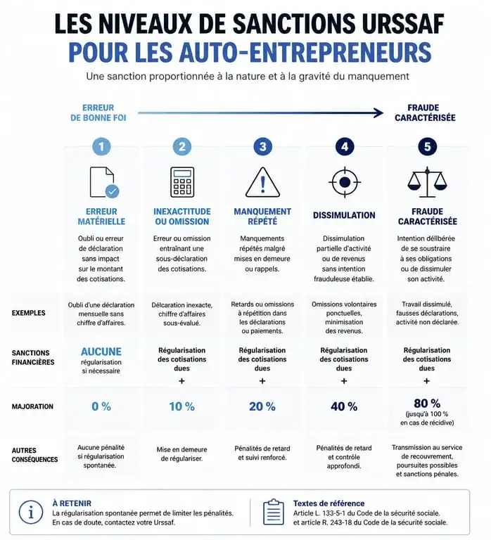 Infographie des sanctions URSSAF pour fausse déclaration auto-entrepreneur
