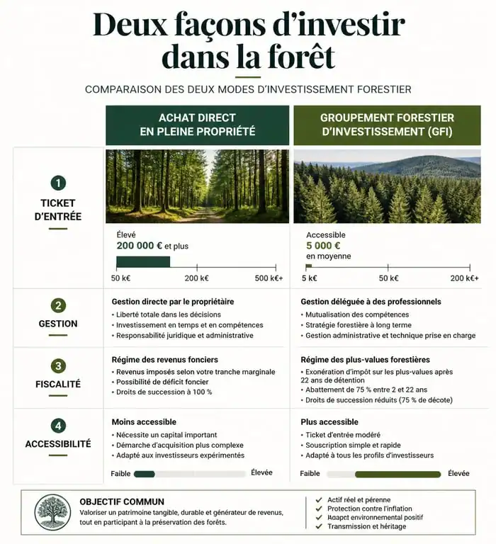 Comparatif investissement forestier : achat direct vs GFI