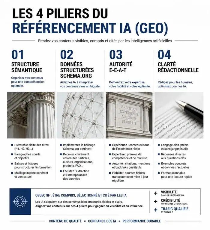 Infographie sur les piliers du référencement IA et du GEO pour améliorer la visibilité de son site