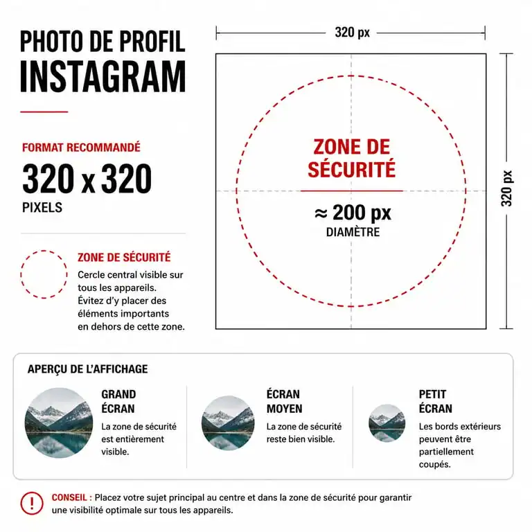 Infographie des dimensions et zone de sécurité pour une photo de profil Instagram optimisée