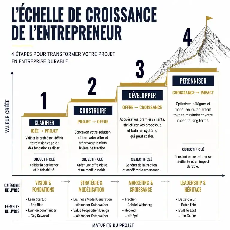 Infographie des étapes de développement entrepreneurial et types de livres recommandés