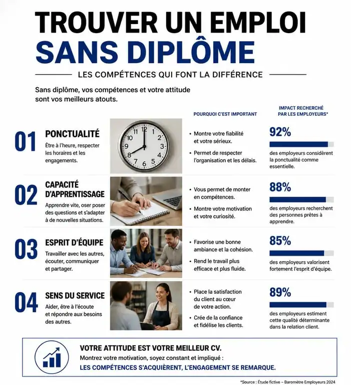 Infographie des compétences clés pour trouver un travail sans diplôme