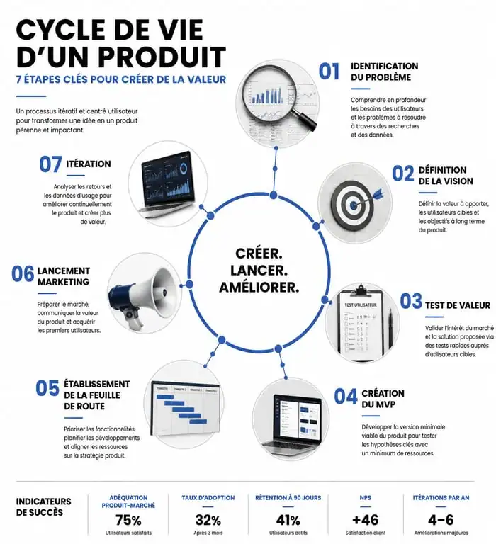 Infographie du cycle de vie en gestion produit : les 7 étapes clés pour réussir son produit