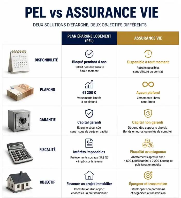 Infographie comparative entre le PEL et l'assurance vie pour choisir son placement financier