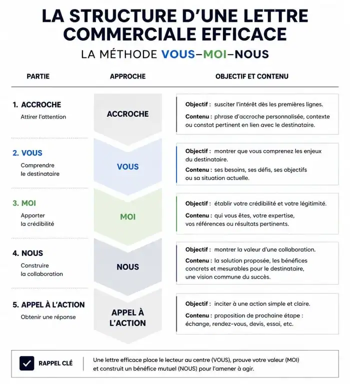 Structure d'une lettre commerciale efficace avec la méthode Vous-Moi-Nous