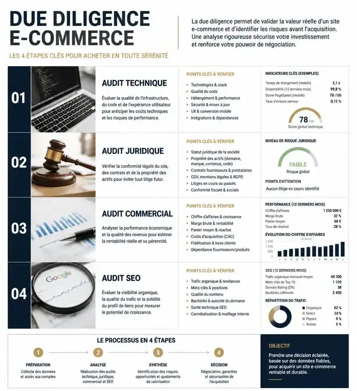 Infographie des étapes de due diligence pour acheter un site e-commerce existant