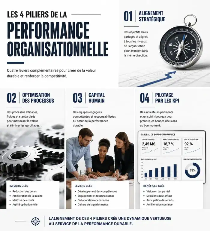 Infographie des piliers de la performance organisationnelle : stratégie, processus, capital humain et indicateurs clés de performance.