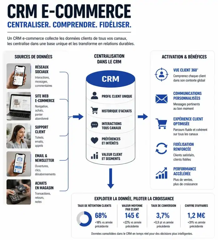 Schéma de fonctionnement d'un CRM pour e-commerce centralisant les données clients