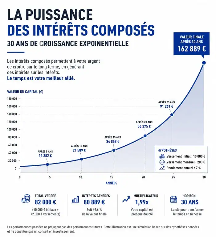 Graphique illustrant la puissance des intérêts composés pour une simulation d'épargne sur le long terme