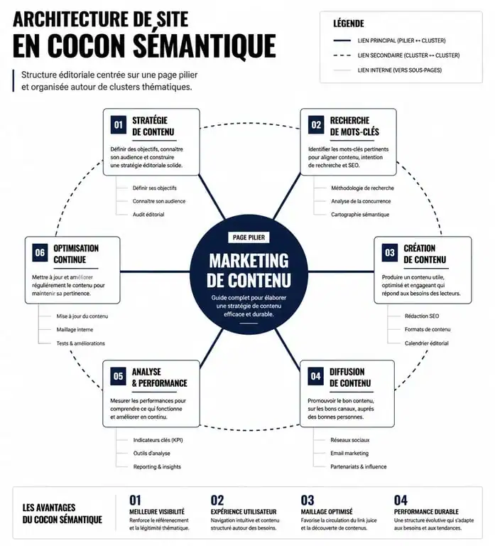 Schéma d'architecture de site en cocon sémantique pour stratégie éditoriale SEO