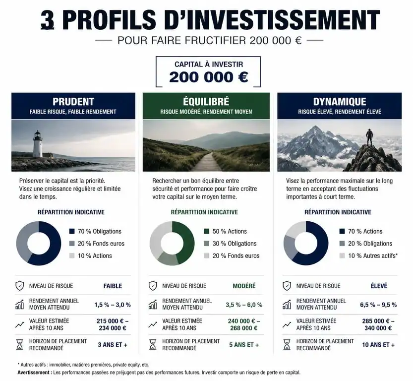Infographie comparative des rendements mensuels pour un placement de 200 000 euros selon le profil de risque