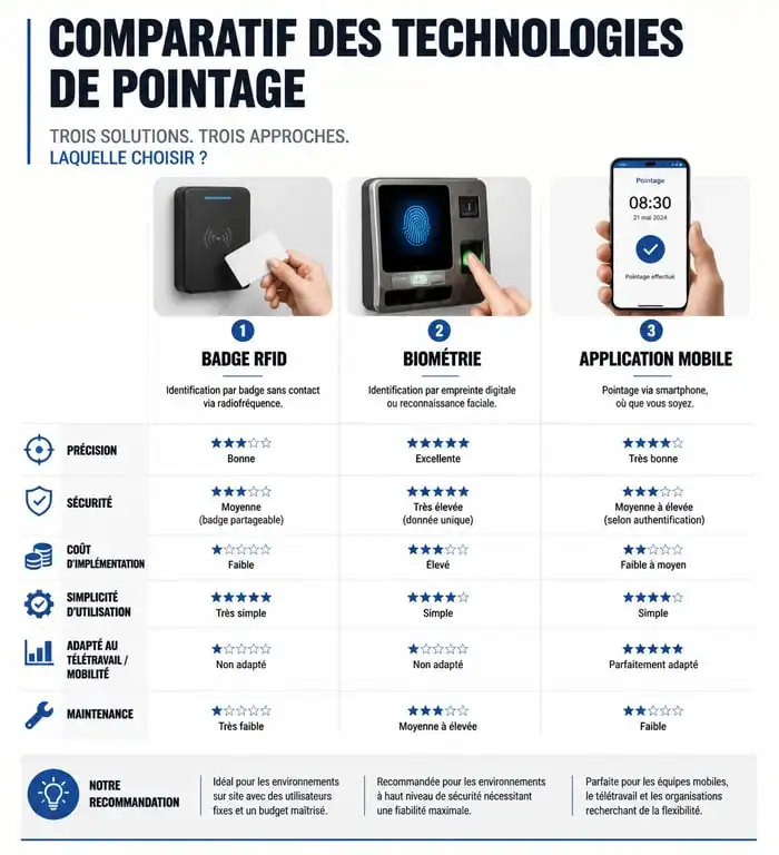 Comparatif des technologies de pointeuse badgeuse : RFID, biométrie et solution mobile