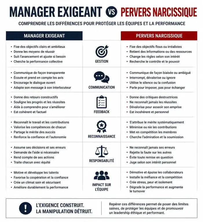 Infographie comparative entre un manager exigeant et un pervers narcissique au travail pour identifier les signes de harcèlement moral.