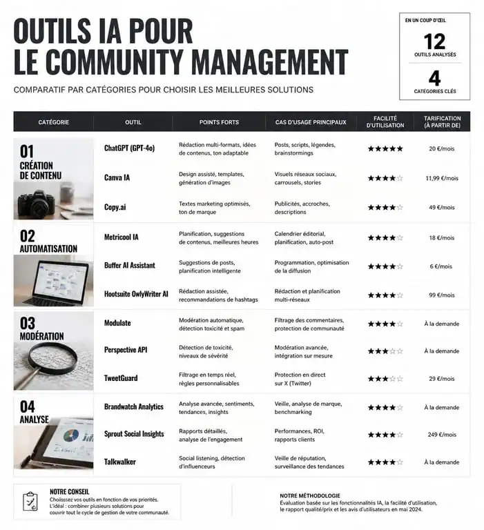 Infographie comparative des meilleurs outils IA pour le community management