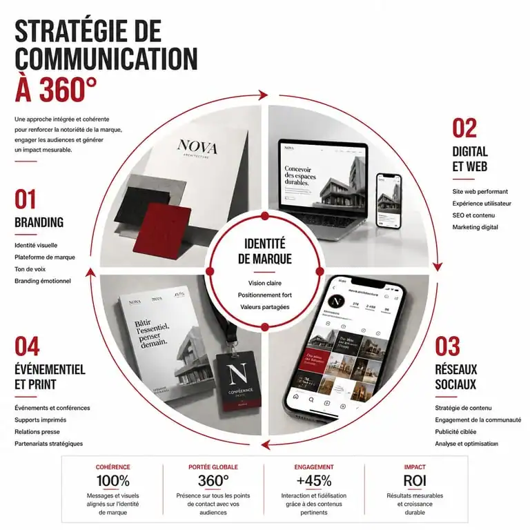 Infographie illustrant les piliers d'une agence de communication 360 et la synergie entre les différents leviers marketing