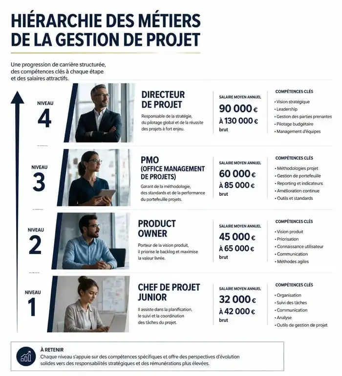 Infographie des métiers de la gestion de projet : rôles, salaires et compétences clés