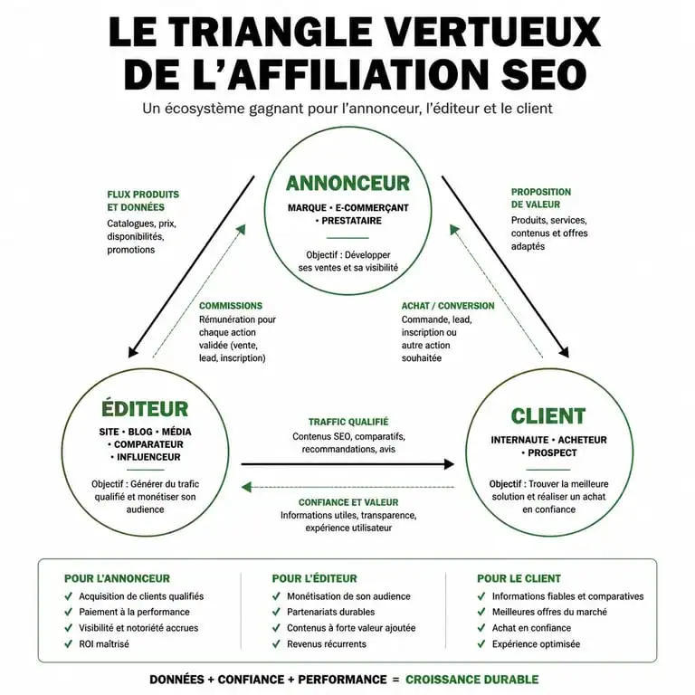 Schéma du fonctionnement de l'affiliation SEO : triangle entre annonceur, éditeur et client
