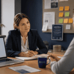 Formation conseiller en évolution professionnelle, entretien en bureau lumineux
