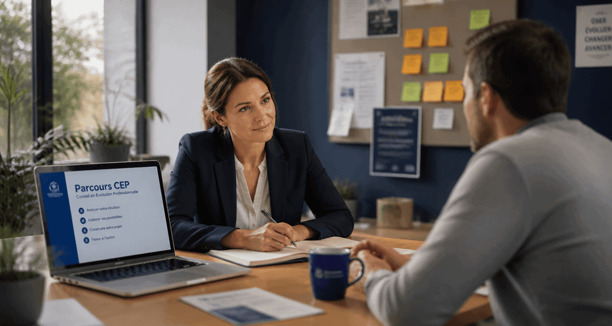 Formation conseiller en évolution professionnelle, entretien en bureau lumineux