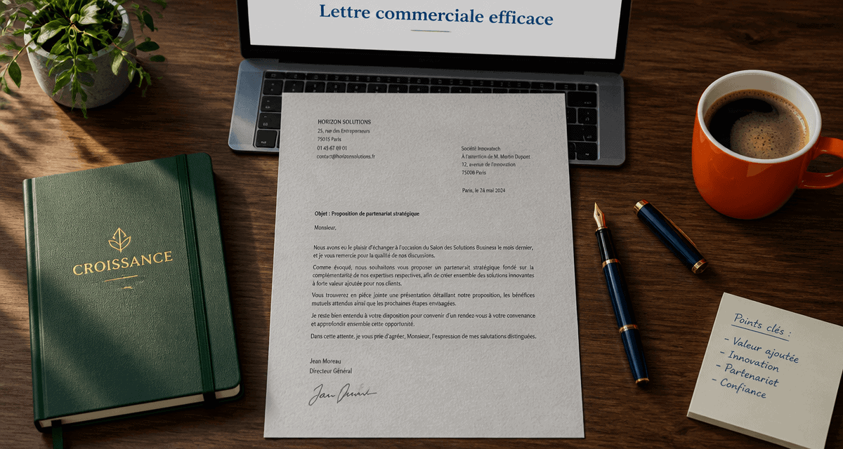 Lettre commercial exemple flat-lay sur bureau