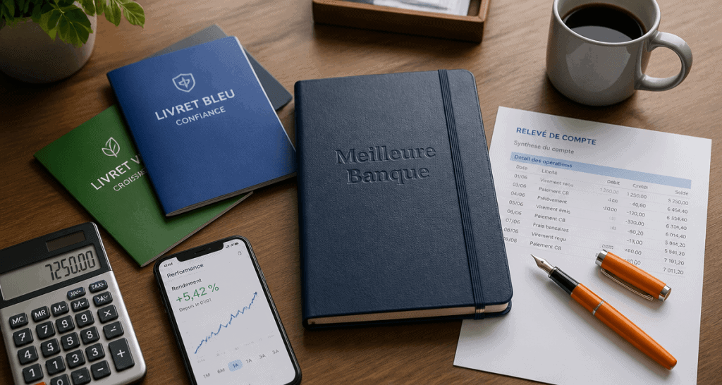 meilleur banque pour placer son argent, bureau avec livrets et smartphone